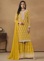 Faux Georgette Yellow Wedding Wear Embroidery Work Sharara Suit